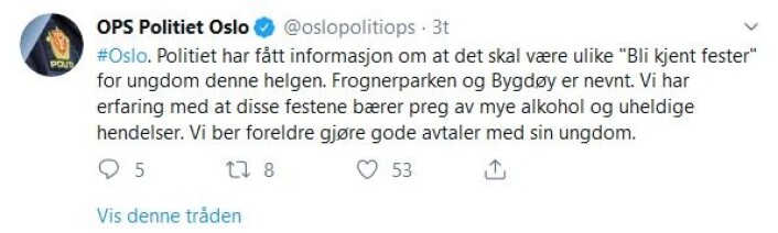 Skjermdump fra politiets Twitter-konto. Skjermdump fra politiets Twitter-konto.