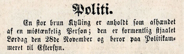 En stor brun Kylling er anholdt som afhændet af en mistænkelig Person; den er formentlig stjaalet Lørdag den 28de November og beror paa Politikammeret til Eftersyn.<br />Aftenposten, 1868 En stor brun Kylling er anholdt som afhændet af en mistænkelig Person; den er formentlig stjaalet Lørdag den 28de November og beror paa Politikammeret til Eftersyn.<br />Aftenposten, 1868