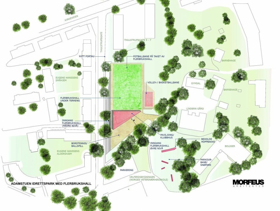 Slik mener Høyre den underjordiske flerbrukshallen (det grønne feltet) kan plasseres på Veterinærhøyskoletomta. Illustrasjon: Morfeus Arkitekter / Oslo Høyre