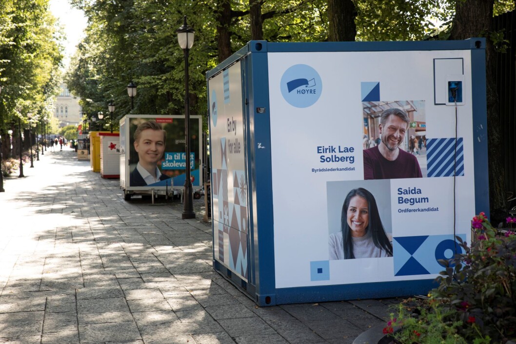 Høyres valgbod viser frem lederkandidatene i Oslo: Eirik Lae Solberg og Saida Begum. Foto: Olav Helland Høyres valgbod viser frem lederkandidatene i Oslo: Eirik Lae Solberg og Saida Begum. Foto: Olav Helland