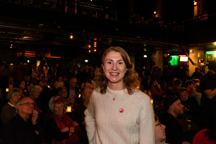 SV får for første gang representasjon i alle bydelene i Oslo. Her: Oslo SV-leder Sunniva Holmås Eidsvoll fra valgvaken. Foto: Erik Holland Haukebø SV får for første gang representasjon i alle bydelene i Oslo. Her: Oslo SV-leder Sunniva Holmås Eidsvoll fra valgvaken. Foto: Erik Holland Haukebø