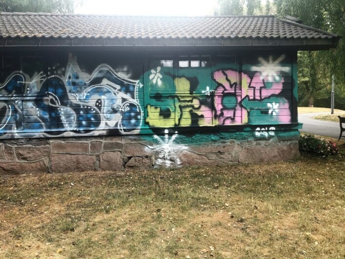 I fjor sommer ble Bjørnehuset tagget ned, også da var nabo Sara Greer Middelthon Moe den som oppdaget det. Foto: Sara Greer Middelthon Moe I fjor sommer ble Bjørnehuset tagget ned, også da var nabo Sara Greer Middelthon Moe den som oppdaget det. Foto: Sara Greer Middelthon Moe