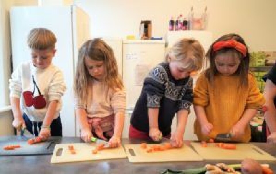 Fra venstre: Claus (4), Nova (4), Sofie (5) og Edith (5) kutter gulrøtter til lunsjen i Heftyes barnehage. Foto: Tarjei Kidd Olsen Fra venstre: Claus (4), Nova (4), Sofie (5) og Edith (5) kutter gulrøtter til lunsjen i Heftyes barnehage. Foto: Tarjei Kidd Olsen