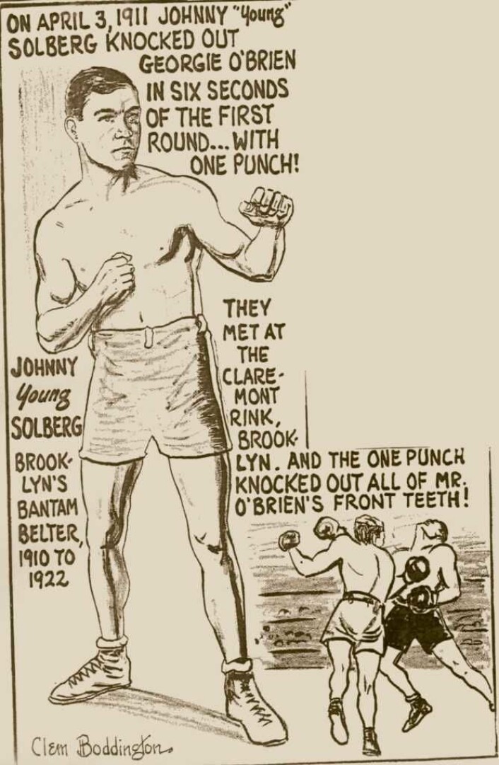 I illustrasjonen på dette boksekortet (forløperen til fotballkort!) får vi vite at "Young Solsberg" slår knockout på Georgie O'Brien 3. april 1911 � og det med et eneste slag i løpet av de første seks sekundene! Stakkars O'Brien får i tillegg angivelig fortennene sine slått ut av unge Solberg. Illustrasjon: Clem Boddington I illustrasjonen på dette boksekortet (forløperen til fotballkort!) får vi vite at "Young Solsberg" slår knockout på Georgie O'Brien 3. april 1911 � og det med et eneste slag i løpet av de første seks sekundene! Stakkars O'Brien får i tillegg angivelig fortennene sine slått ut av unge Solberg. Illustrasjon: Clem Boddington