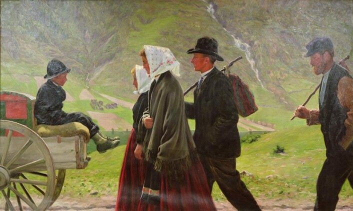 Utvandrere fra Vågå i 1902. Maleri: Gustav Wentzel / Wikipedia Utvandrere fra Vågå i 1902. Maleri: Gustav Wentzel / Wikipedia