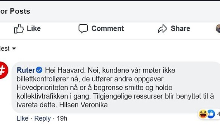 På Ruters egne Facebook-sider får brukerne beskjed om at alle billettkontroller er innstilt. På Ruters egne Facebook-sider får brukerne beskjed om at alle billettkontroller er innstilt.