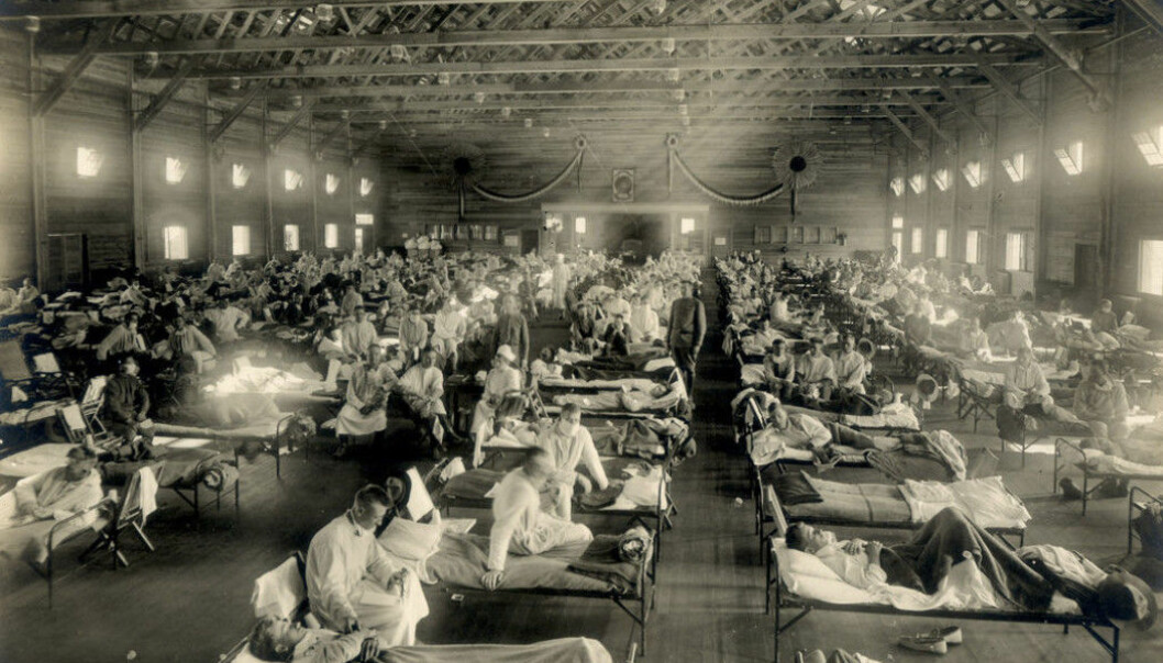 Pasienter med spanskesyke ved et midlertidig sykehus ved Camp Funston, Kansas, 1918.
