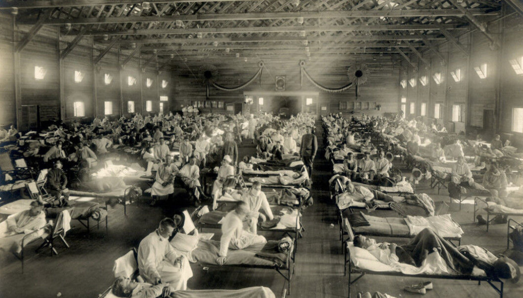 Pasienter med spanskesyke ved et midlertidig sykehus ved Camp Funston, Kansas, 1918. Pasienter med spanskesyke ved et midlertidig sykehus ved Camp Funston, Kansas, 1918.