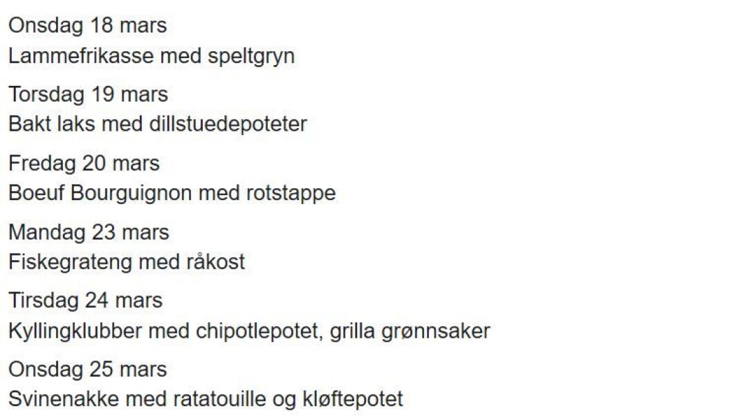 Kanon Caterings meny for den første uka Kanon Caterings meny for den første uka