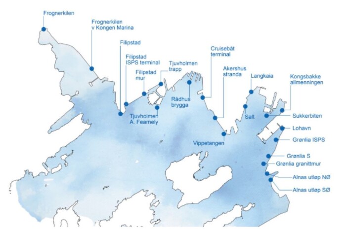 Kartet, hentet fra rapporten, viser de 21 stedene som ble undersøkt med Dory på feltbefaringen 4. oktober 2019. Figur: Elin T. Sørensen/NMBU 2019 © BONO). Kartet, hentet fra rapporten, viser de 21 stedene som ble undersøkt med Dory på feltbefaringen 4. oktober 2019. Figur: Elin T. Sørensen/NMBU 2019 © BONO).
