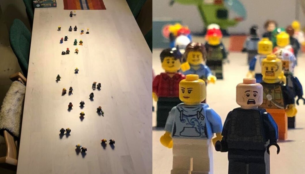 Til venstre viser Jenny Skavdal med Lego-menn hennes inntrykk av folkelivet langs Markveien. Til høyre viser hun hvordan dette kan se ut fotografer med zoom forfra. Til venstre viser Jenny Skavdal med Lego-menn hennes inntrykk av folkelivet langs Markveien. Til høyre viser hun hvordan dette kan se ut fotografer med zoom forfra.