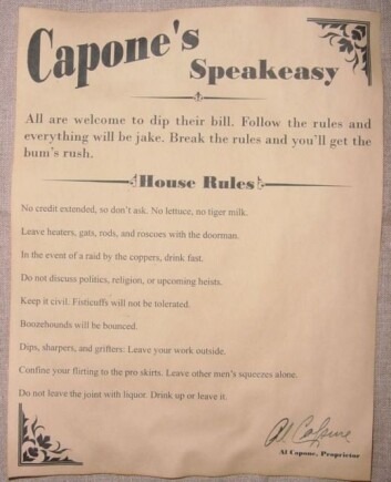Husregler i speakeasy-baren til Al Capone! Husregler i speakeasy-baren til Al Capone!