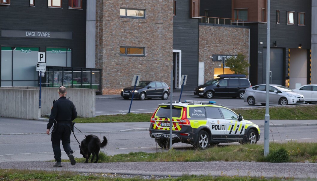 Politiets hundepatrulje på plass etter masseslagsmålet på Mortensrud. Politiets hundepatrulje på plass etter masseslagsmålet på Mortensrud.