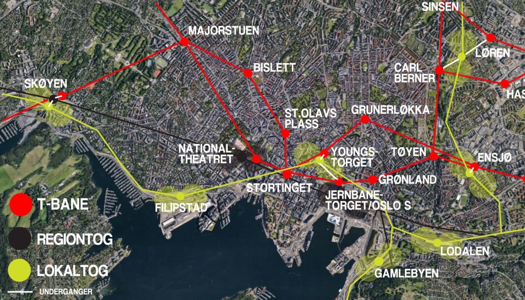 I stedet for ny regiontog-tunnel gjennom Oslos sentrum, parallelt med dagens, viser dette kartet muligheten for tunnel for lokaltog mellom Filipstad, Youngstorget og Gamlebyen. I stedet for ny regiontog-tunnel gjennom Oslos sentrum, parallelt med dagens, viser dette kartet muligheten for tunnel for lokaltog mellom Filipstad, Youngstorget og Gamlebyen.
