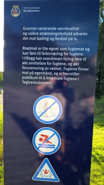 Ved Teglverksdammen har Oslo kommune satt opp et skilt som advarer mot å mate fuglene. Ved Teglverksdammen har Oslo kommune satt opp et skilt som advarer mot å mate fuglene.