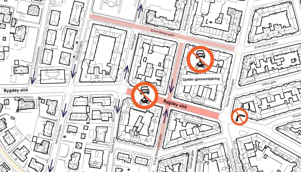Bymiljøetatens kart over hvordan Bygdøy allé og sidegater berøres. Bymiljøetatens kart over hvordan Bygdøy allé og sidegater berøres.