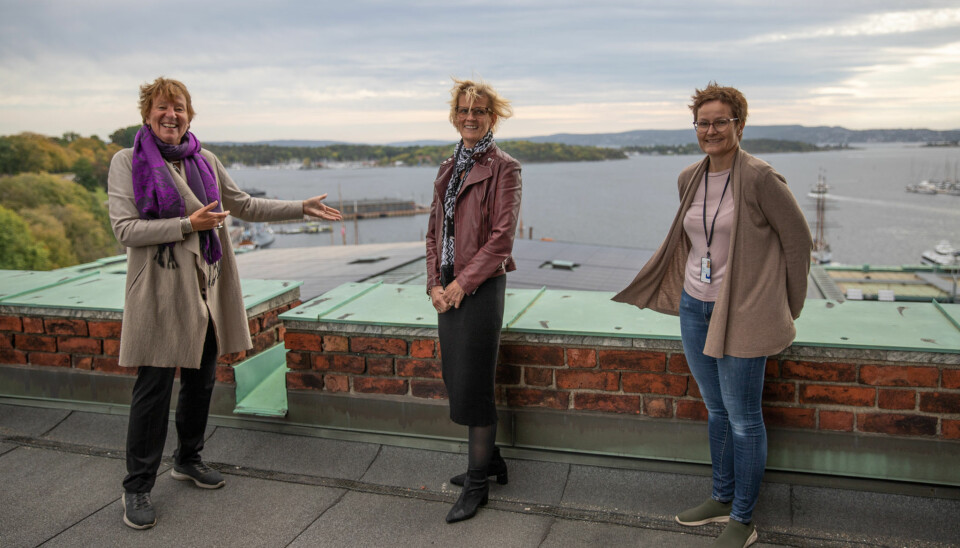 Vindgudene spilte ikke på lag da ordfører Marianne Borgen (f.v.), rådhusforvalter Marit Jansen og rådhusets driftsjef Kristin Sundby stolt viste frem det nye solcellepanelet.
