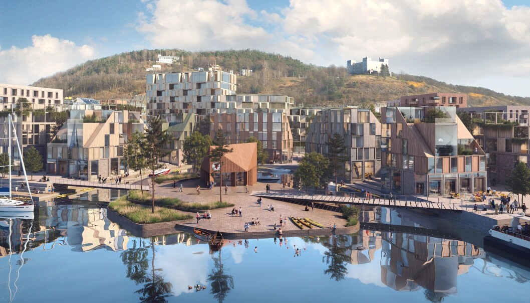 Bak ligger Ekebergåsen og den gamle sjøkrigsskolen. 1500 boliger er planlagt å ligge på Grønlikaia. I tillegg 3000–4000 arbeidsplasser, en promenade og et friområde. Bak ligger Ekebergåsen og den gamle sjøkrigsskolen. 1500 boliger er planlagt å ligge på Grønlikaia. I tillegg 3000–4000 arbeidsplasser, en promenade og et friområde.