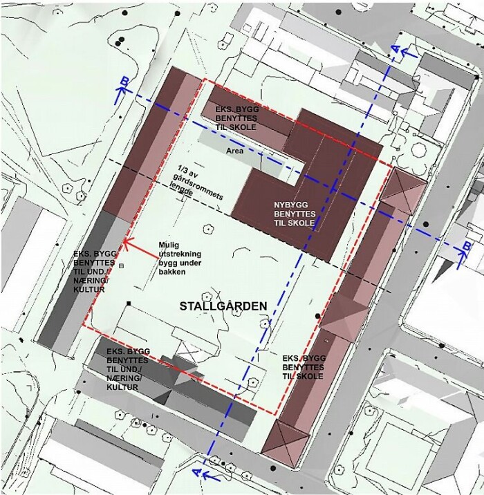 Slik ser arkitektene for seg at den nye videregående skolen plasseres inn i kvartalet i Myntgata 2. Slik ser arkitektene for seg at den nye videregående skolen plasseres inn i kvartalet i Myntgata 2.