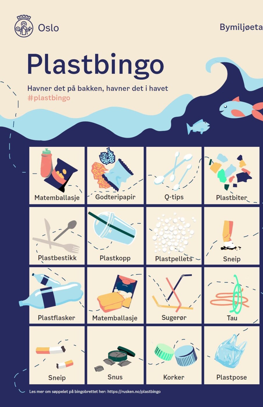 Her ser vi hele bingobrettet, med alt fra tau til plastposter.