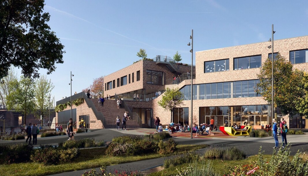 GRØNN SKOLE. Sånn ser Ola Roald Arkitektur i sine plantegninger for seg at den nye skolen ved Bentsebrua skal bli, med hager på taket, park rundt og tiltak for biologisk mangfold. GRØNN SKOLE. Sånn ser Ola Roald Arkitektur i sine plantegninger for seg at den nye skolen ved Bentsebrua skal bli, med hager på taket, park rundt og tiltak for biologisk mangfold.