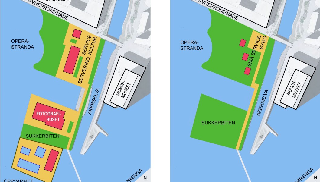 Til venstre: Full utbygging med Fotografihus på Sukkerbiten, stort bygg på Operastranda og stort, oppvarmet sjøbad syd for Sukkerbiten. Til høyre: Sammenhengende friområde på Operastranda og Sukkerbiten, med fri, offentlig adkomst.). Til venstre: Full utbygging med Fotografihus på Sukkerbiten, stort bygg på Operastranda og stort, oppvarmet sjøbad syd for Sukkerbiten. Til høyre: Sammenhengende friområde på Operastranda og Sukkerbiten, med fri, offentlig adkomst.).