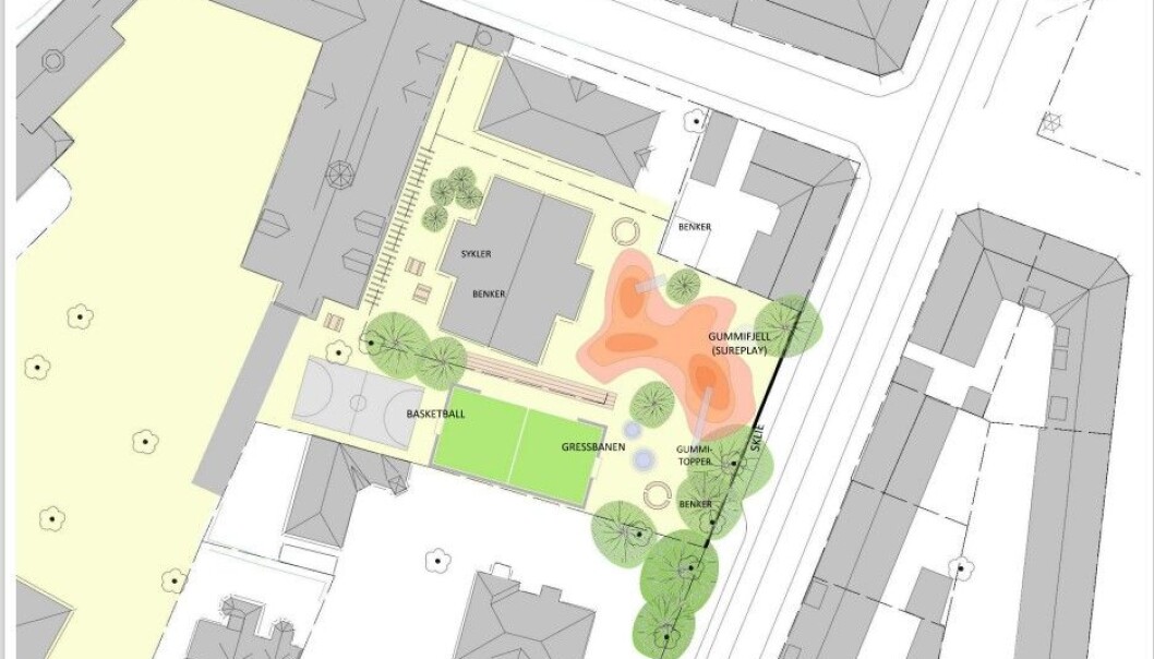 Sånn forestiller FAU seg at et utvidet uteareal for skolebarna kan komme til å se ut dersom naboeiendommen i Vogts gate 26 og deler av Holst gate 3, der Sagene Festivitetshus holder til, blir innlemmet i skolegården. Sånn forestiller FAU seg at et utvidet uteareal for skolebarna kan komme til å se ut dersom naboeiendommen i Vogts gate 26 og deler av Holst gate 3, der Sagene Festivitetshus holder til, blir innlemmet i skolegården.