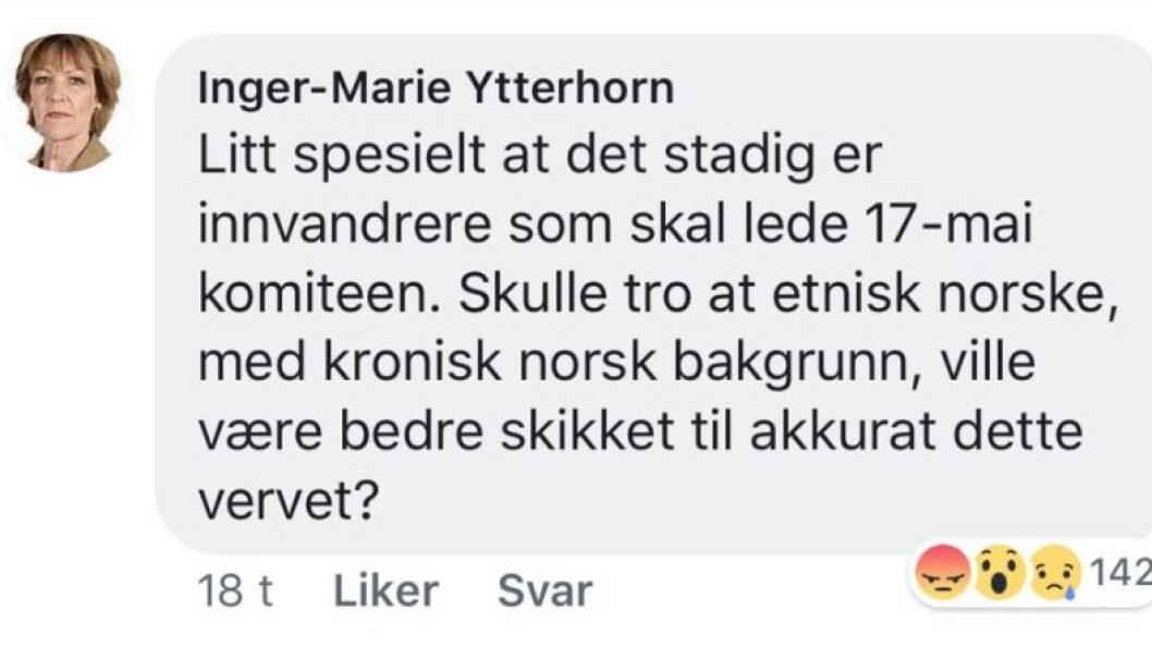 Skjermdump av Frp-profil Inger-Marie Ytterhorns Facebook-kommentar til at Kamzy Gunaratnam skulle lede Oslos 17. mai-komité i 2018. Skjermdump av Frp-profil Inger-Marie Ytterhorns Facebook-kommentar til at Kamzy Gunaratnam skulle lede Oslos 17. mai-komité i 2018.