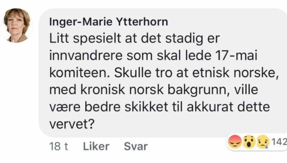 Skjermdump av Frp-profil Inger-Marie Ytterhorns Facebook-kommentar til at Kamzy Gunaratnam skulle lede Oslos 17. mai-komité i 2018.