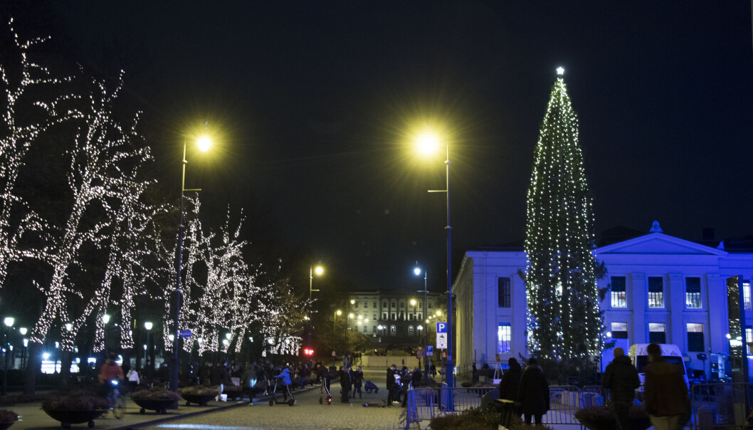 Oslos paradegate Karl Johan med lys i trærne og et opplyst juletre på Universitetsplassen, med Slottet i bakgrunnen. Oslos paradegate Karl Johan med lys i trærne og et opplyst juletre på Universitetsplassen, med Slottet i bakgrunnen.
