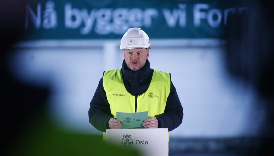 Byrådsleder Raymond Johansen (Ap) under anleggsstarten av Fornebubanen.