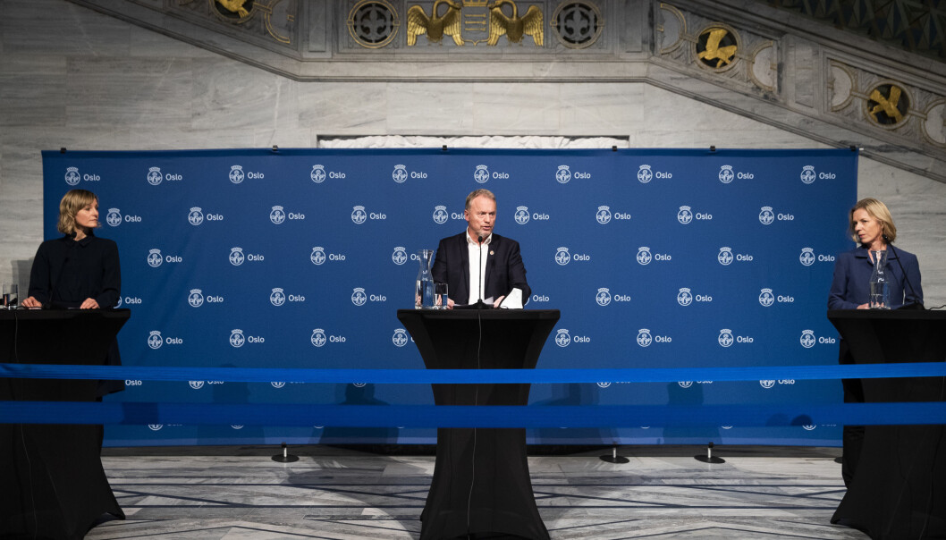 Byråd Inga Marte Thorkildsen (til venstre) og utdanningsdirektør Marte Gerhardsen under en koronapressekonferanse. I midten står byrådsleder Raymond Johansen. Byråd Inga Marte Thorkildsen (til venstre) og utdanningsdirektør Marte Gerhardsen under en koronapressekonferanse. I midten står byrådsleder Raymond Johansen.