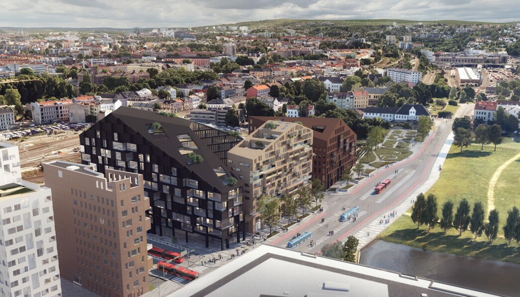Her er forslaget til utbygging av C6 med boliger og næringsbygg, sett fra taket på et av høyhusene skrått over gaten. Bebyggelsen er ser dermed lavere ut her enn på visualiseringen under. Her er forslaget til utbygging av C6 med boliger og næringsbygg, sett fra taket på et av høyhusene skrått over gaten. Bebyggelsen er ser dermed lavere ut her enn på visualiseringen under.