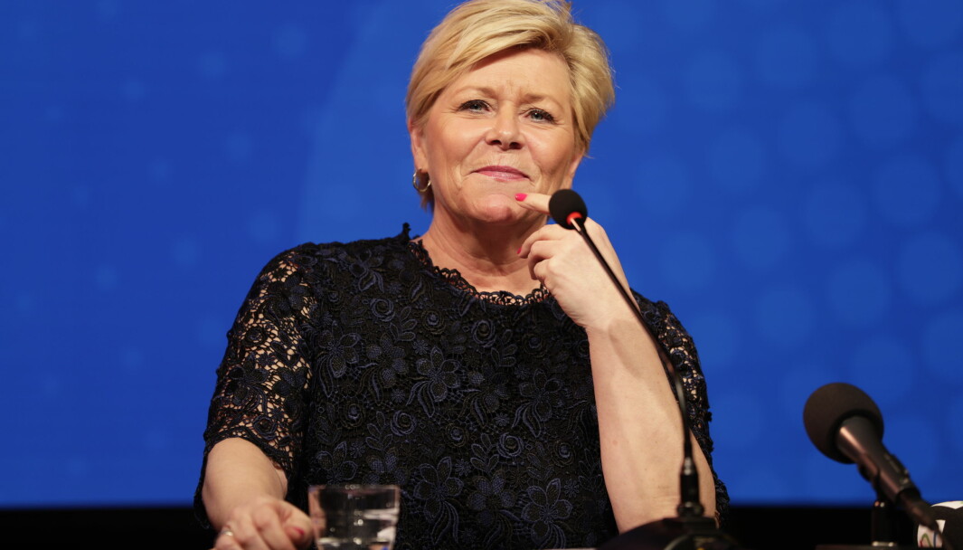 Fremskrittspartiets Siv Jensen på pressekonferansen etter dagens landsstyremøte, hvor hun informerte om at hun går av som leder i partiet.