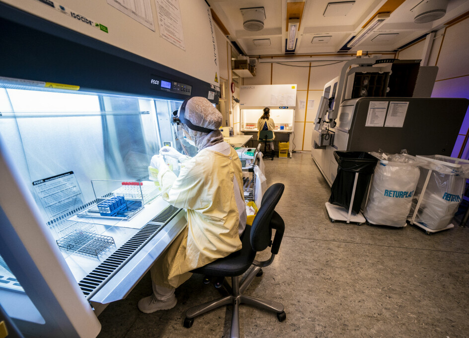 En bioingeniør analyserer koronatester på klinikk for laboratoriemedisin ved Oslo universitetssykehus Ullevål.