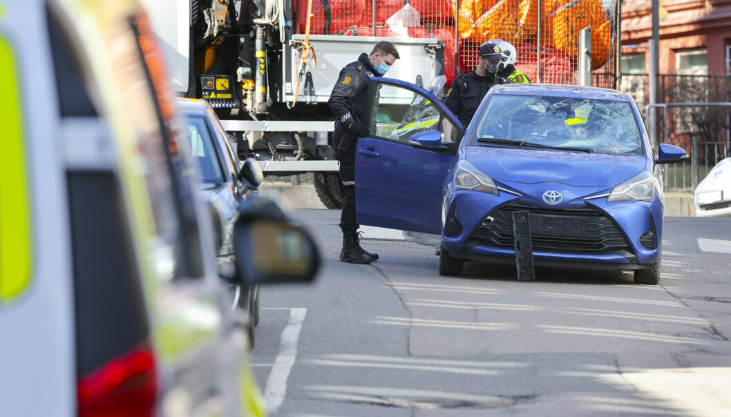 En syklist ble påkjørt av en bil i Bernt Akers gate i Oslo tirsdag.