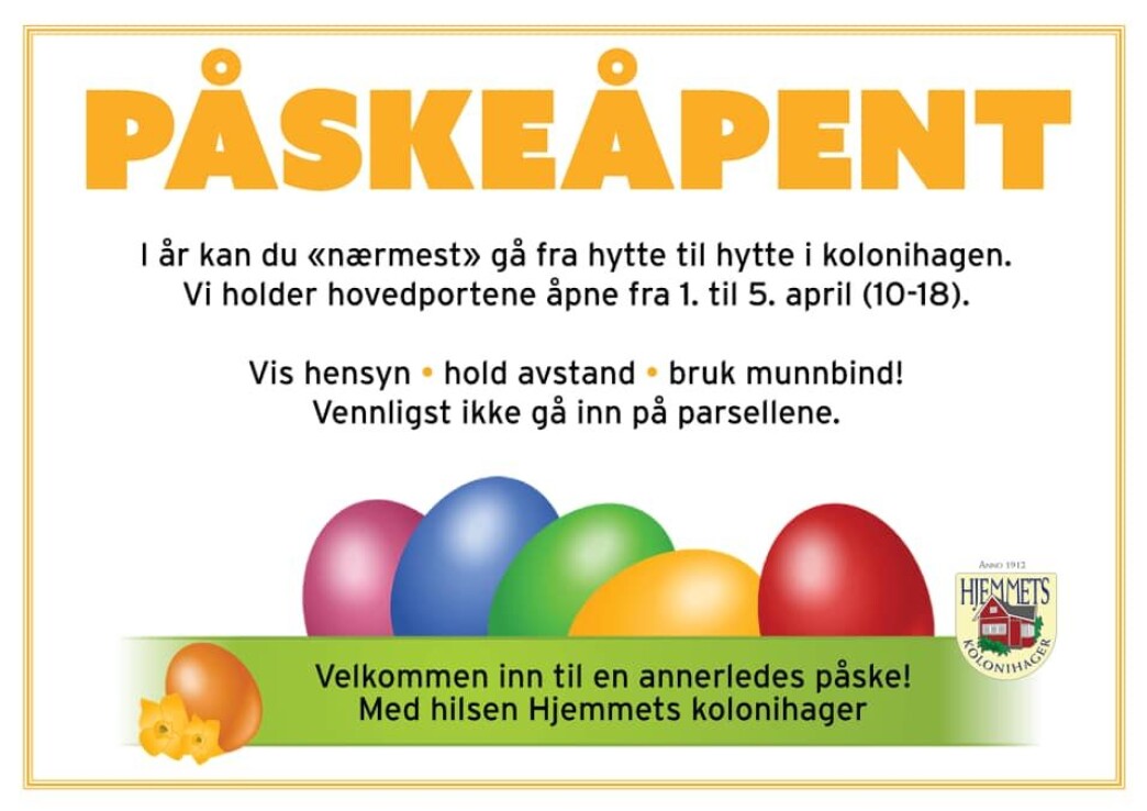 Hjemmets kolonihager ønsker varmt velkommen inn til «en annerledes påske». Hjemmets kolonihager ønsker varmt velkommen inn til «en annerledes påske».