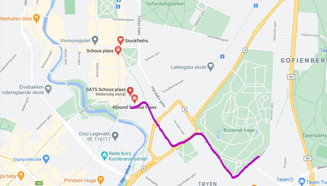 Dette er en mulig rute for gutten, som forsvant fra foresatte ved Botanisk hage ut mot Tøyen t-banestasjon. Han ble funnet av forbipassserende på Schous plass. Dette er en mulig rute for gutten, som forsvant fra foresatte ved Botanisk hage ut mot Tøyen t-banestasjon. Han ble funnet av forbipassserende på Schous plass.