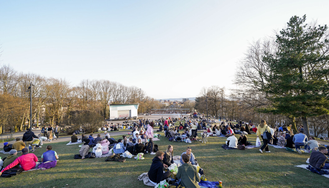 Folk samlet seg i små grupper i parken på St. Hanshaugen lørdag kveld. Folk samlet seg i små grupper i parken på St. Hanshaugen lørdag kveld.