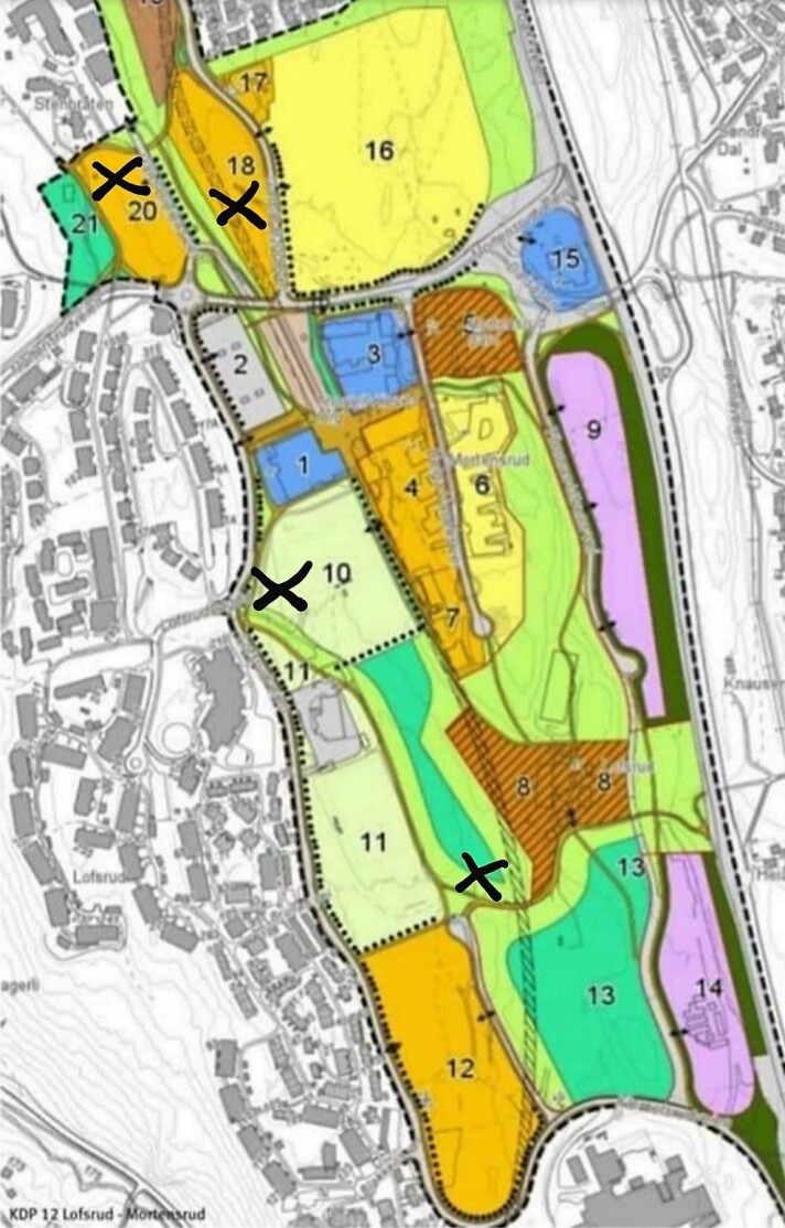 Skisse over utbyggingsfelt på Mortensrud. Foreslåtte plasseringer av en svømmehall på Mortensrud: Felt 10, 18, 20 eller unummerert park-/skogfelt felt øst for felt 11. Skisse over utbyggingsfelt på Mortensrud. Foreslåtte plasseringer av en svømmehall på Mortensrud: Felt 10, 18, 20 eller unummerert park-/skogfelt felt øst for felt 11.