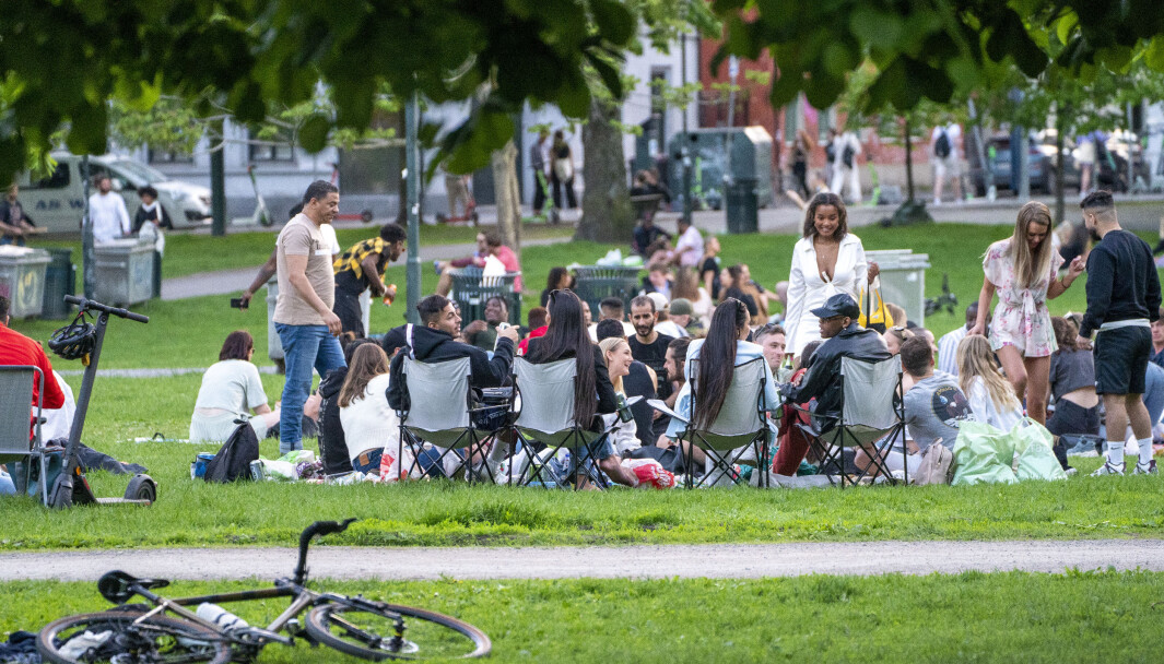 Folk sitter pent og pyntelig i kohorter og koser seg i Sofienbergparken fredag kveld, melder NTB. Foto: Terje Pedersen / NTB Folk sitter pent og pyntelig i kohorter og koser seg i Sofienbergparken fredag kveld, melder NTB. Foto: Terje Pedersen / NTB