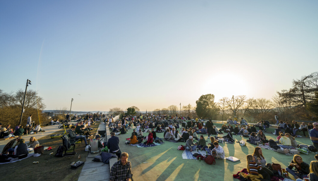 Folk har samlet seg i parkene i godvær i helgene. Natt til søndag var intet unntak. Her er folk samlet tidlig på kvelden på toppen av parken på St. Hanshaugen i april. Foto: Torstein Bøe / NTB Folk har samlet seg i parkene i godvær i helgene. Natt til søndag var intet unntak. Her er folk samlet tidlig på kvelden på toppen av parken på St. Hanshaugen i april. Foto: Torstein Bøe / NTB