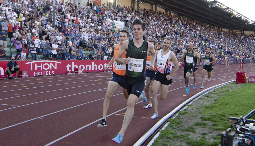 Der er duket for lignende scener med Jakob Ingebrigtsen på Bislett Games i sommer. Der er duket for lignende scener med Jakob Ingebrigtsen på Bislett Games i sommer.