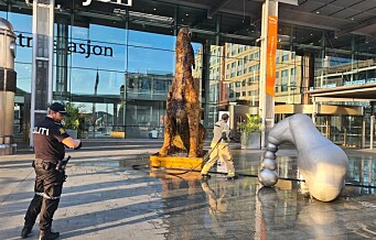 Kvinne pågrepet og mistenkt for å ha satt fyr på hundeskulptur av mose utenfor Oslo S