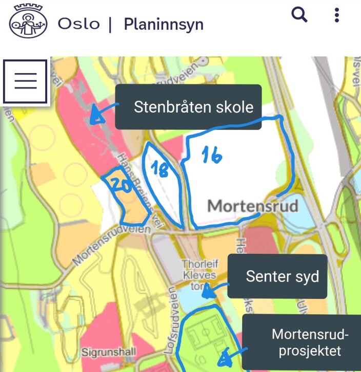 Oversikt over hvor Stenbråten skole ligger i forhold til felt 20, de øvrige byggefeltene, senter syd og Mortensrud-prosjektet. Oversikt over hvor Stenbråten skole ligger i forhold til felt 20, de øvrige byggefeltene, senter syd og Mortensrud-prosjektet.