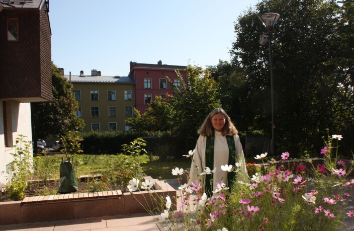 Torshov kirke er nærmeste nabo til et stort antall kommunalt drevne bygårder, som dem i bakgrunnen. Under rehabiliteringen har Torshov kirke også fått etablert en egen kirkehage, med blomster, grønne planter og urter. — Hit inviterer vi folk i nabolaget på kaffe og sammenkomster, sier sokneprest Kleveland. Torshov kirke er nærmeste nabo til et stort antall kommunalt drevne bygårder, som dem i bakgrunnen. Under rehabiliteringen har Torshov kirke også fått etablert en egen kirkehage, med blomster, grønne planter og urter. — Hit inviterer vi folk i nabolaget på kaffe og sammenkomster, sier sokneprest Kleveland.