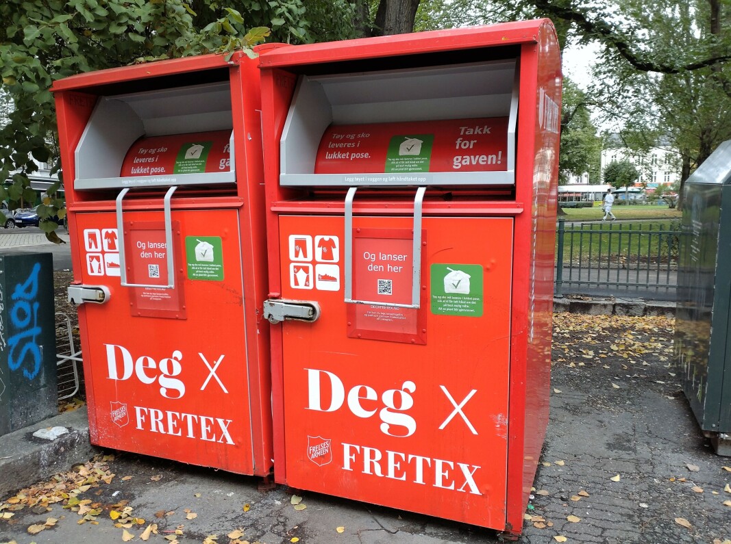 Den velkjente innsamlingsboksen til Fretex. Den velkjente innsamlingsboksen til Fretex.