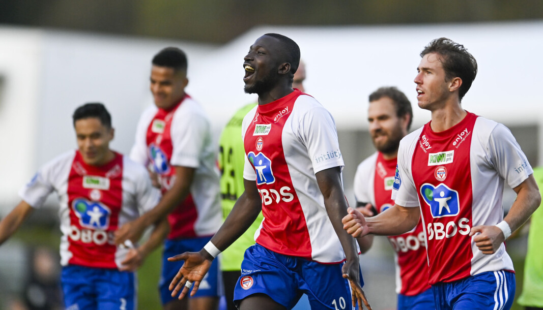 Alagie Sanyang scoret ett av målene da KFUM slo ut Kristiansund med 3-1 i cupen. Alagie Sanyang scoret ett av målene da KFUM slo ut Kristiansund med 3-1 i cupen.