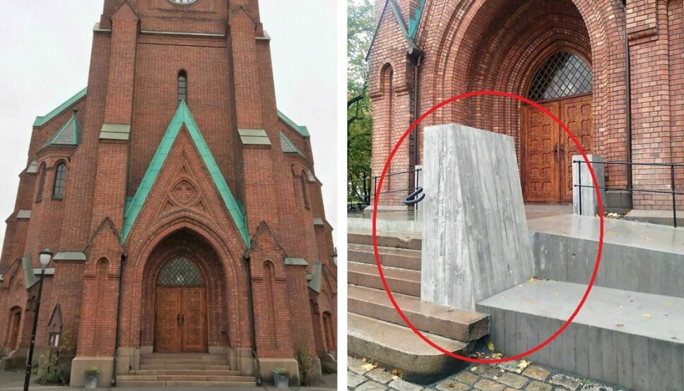 Før og etter. Svært mange reagerer negativt på det noen kaller betongtennene foran inngangspartiet til Uranienborg kirke.