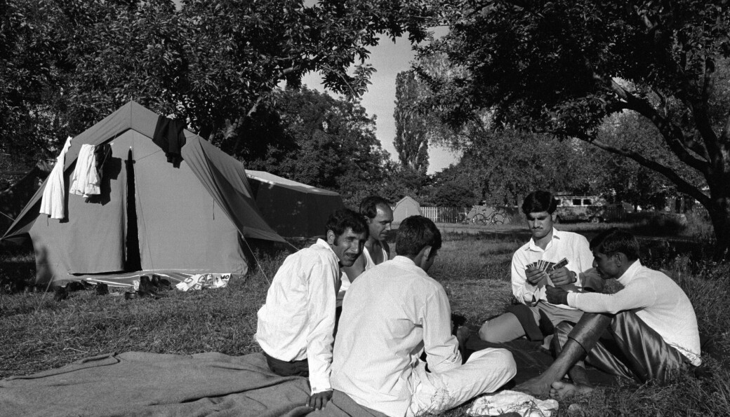 I juli 1971 var det ikke alle tilreisende fra Pakistan som hadde fått skaffet seg tak over hodet. Her sitter en gruppe pakistanske menn ved et telt på Ekeberg camping og spiller kort. Foto: Skillestad / NTB